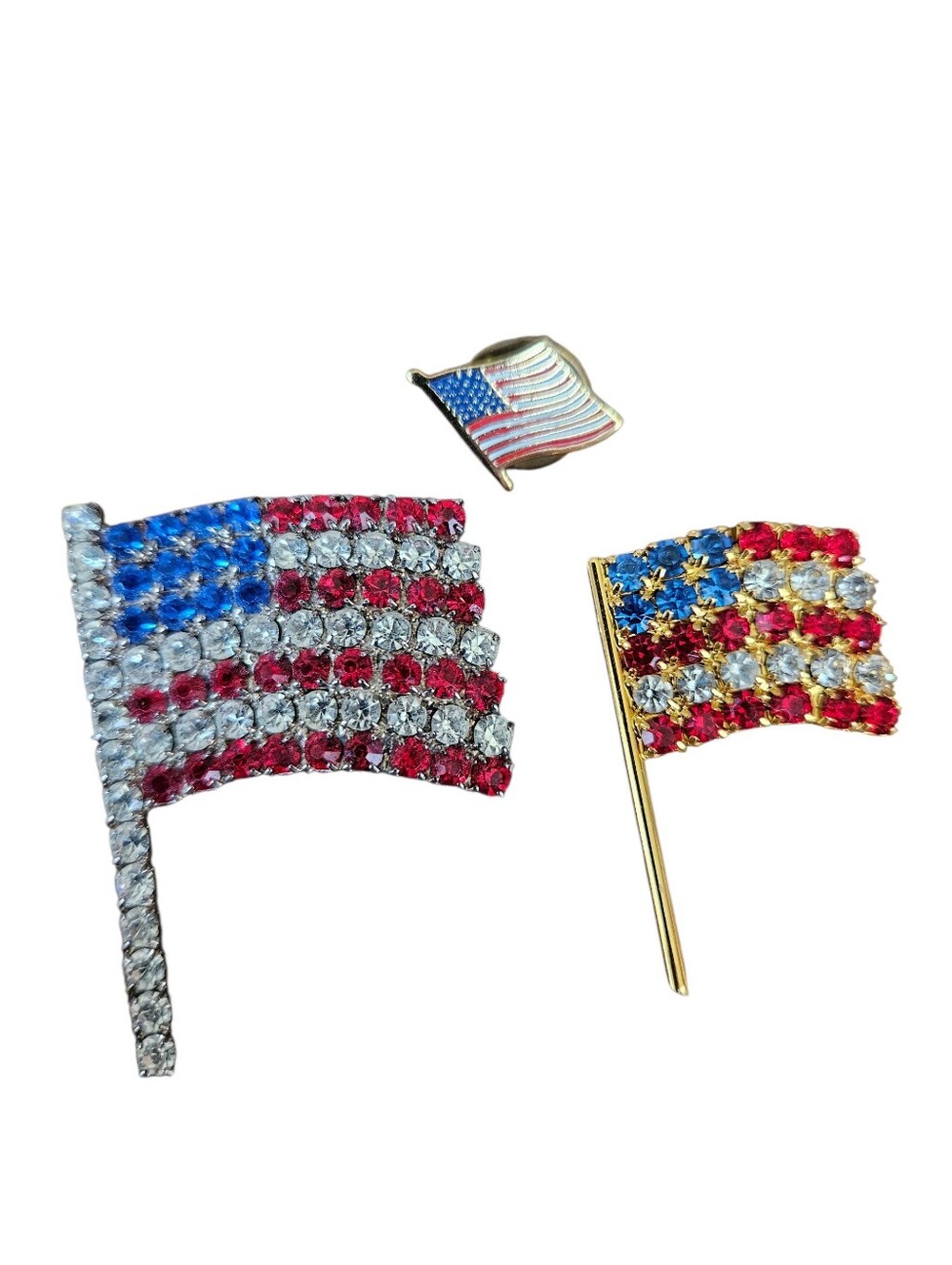 Vintage 3 AMERICAN FLAG PINS RHINESTONE AND ENAMEL